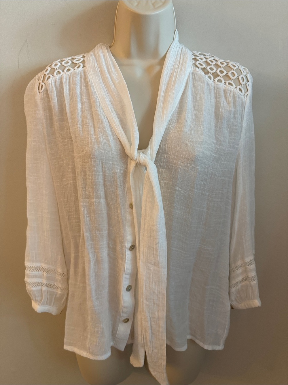 White Tie-Neck Button Down Blouse with Crochet Shoulders Size Medium